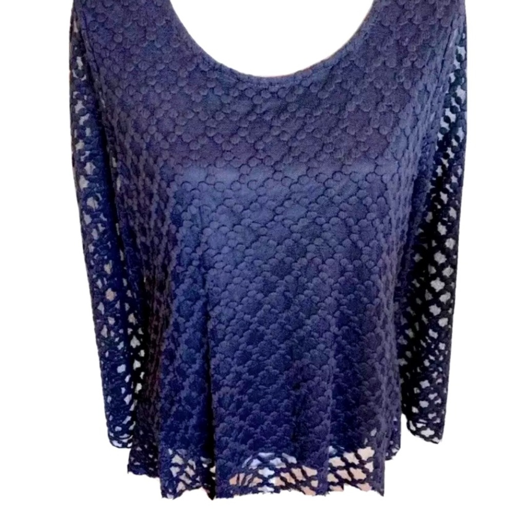 Neiman Marcus Women's Navy Blue Embroidered Mesh Top/Tunic/Blouse, Size S